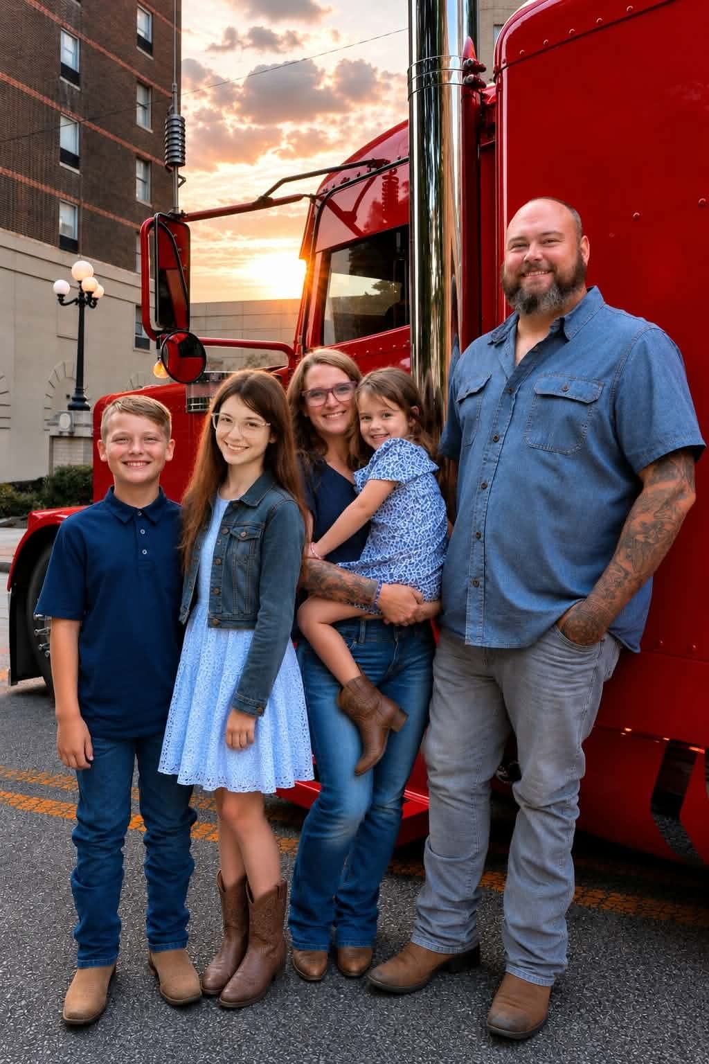 The Ziglar family standing together in front of the red Ziglar Transport truck